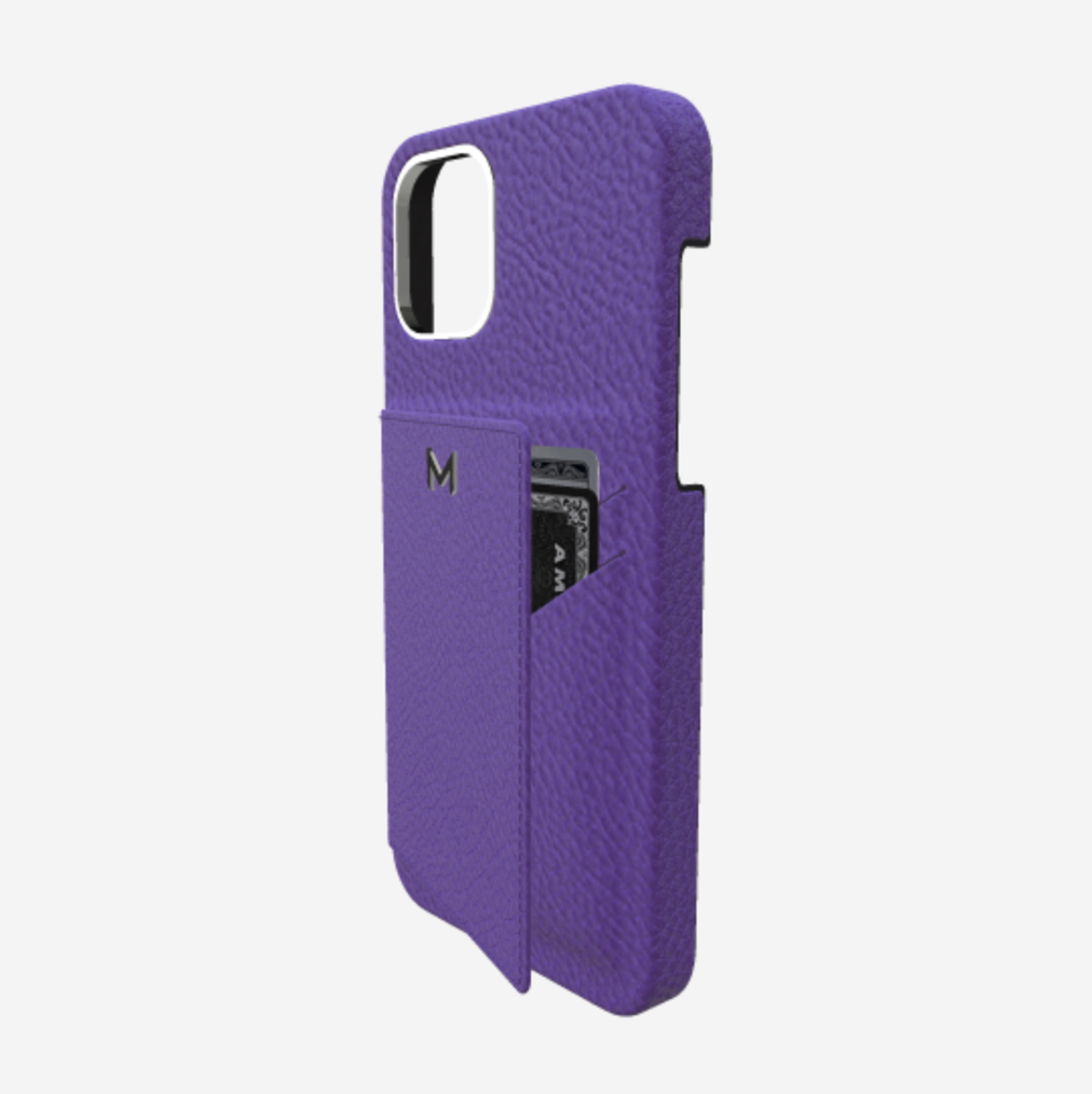 Cardholder Case for iPhone 13 Pro in Genuine Calfskin Purple Rain Steel 316 