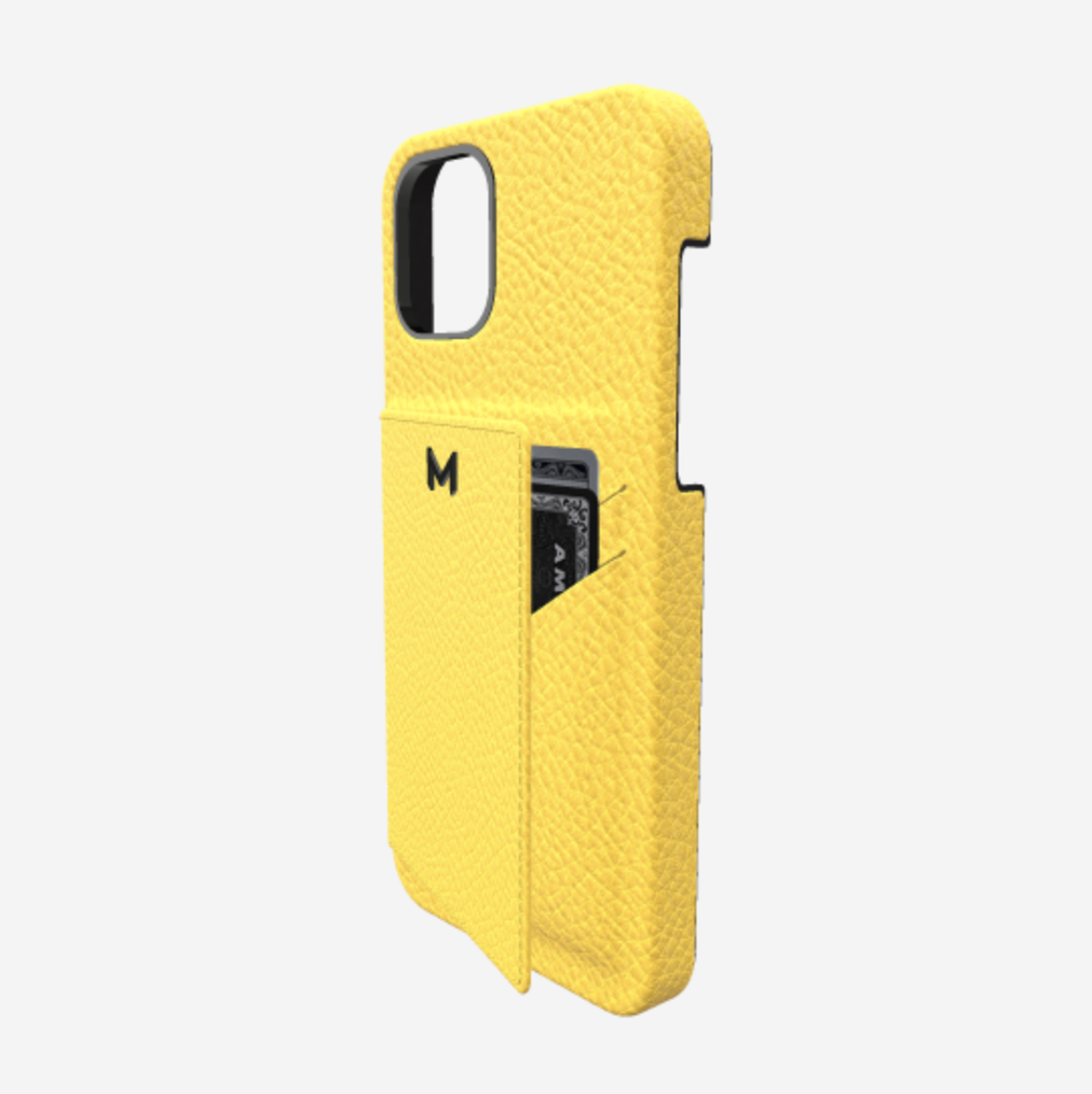 Cardholder Case for iPhone 13 Pro in Genuine Calfskin Summer Yellow Black Plating 