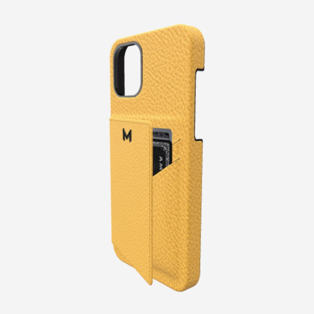 Cardholder Case for iPhone 13 Pro in Genuine Calfskin Sunny Yellow Black Plating 
