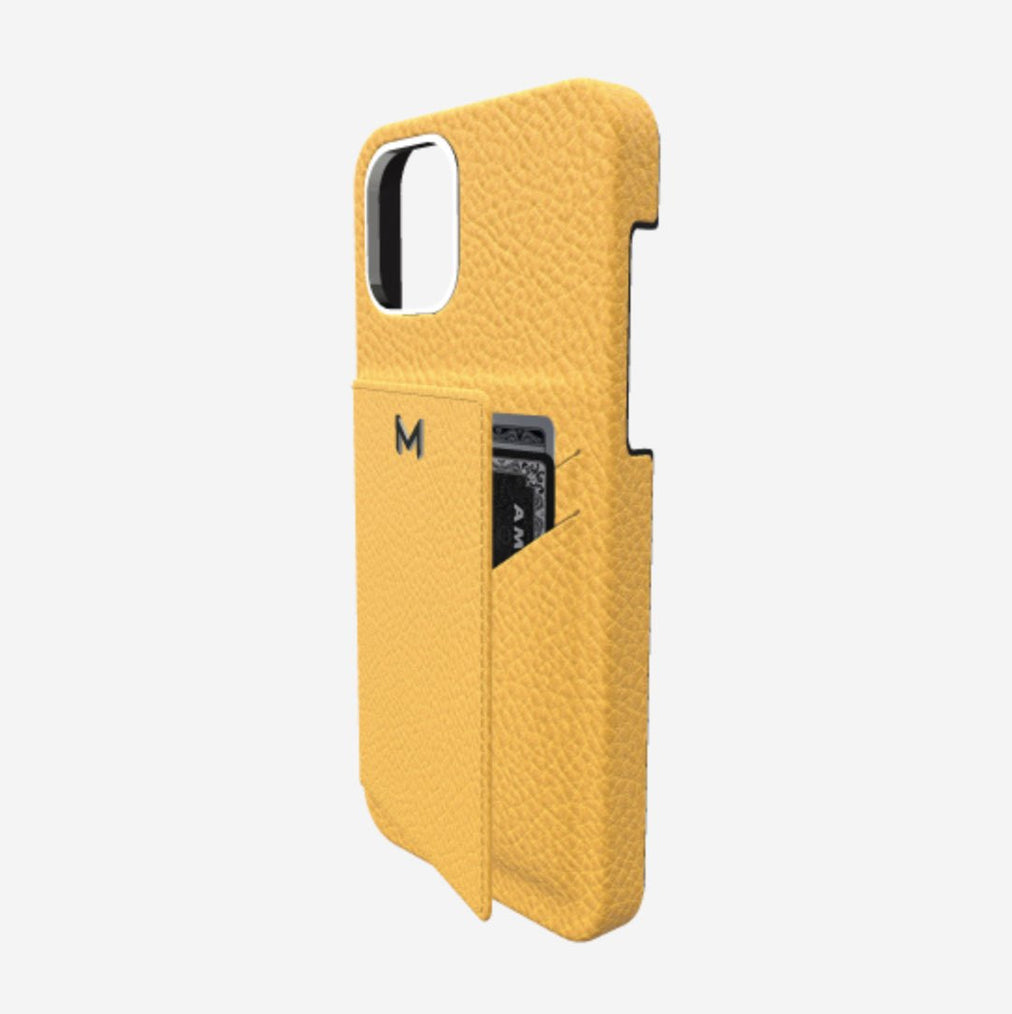 Cardholder Case for iPhone 13 Pro in Genuine Calfskin Sunny Yellow Steel 316 