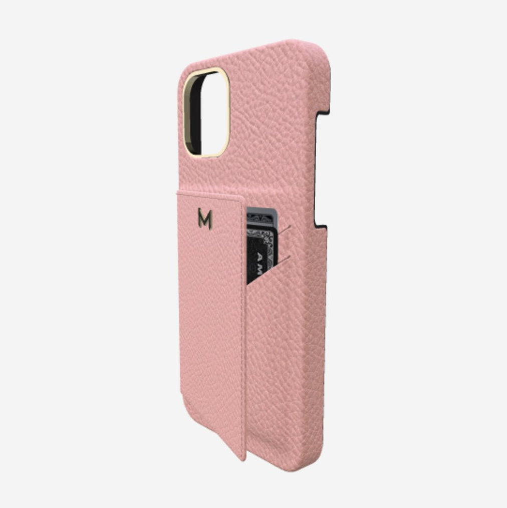 Cardholder Case for iPhone 13 Pro in Genuine Calfskin Sweet Rose Yellow Gold 