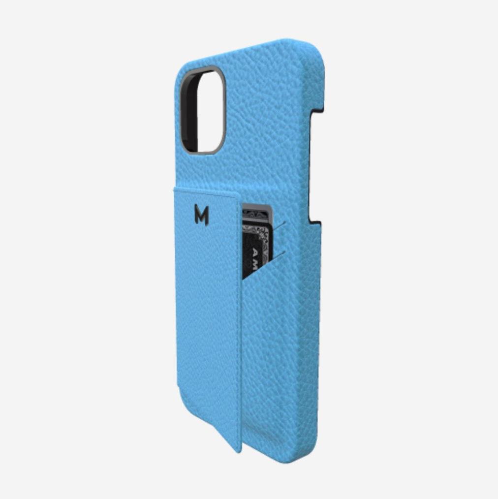 Cardholder Case for iPhone 13 Pro in Genuine Calfskin Tropical Blue Black Plating 