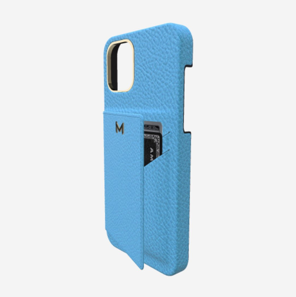 Cardholder Case for iPhone 13 Pro in Genuine Calfskin Tropical Blue Yellow Gold 