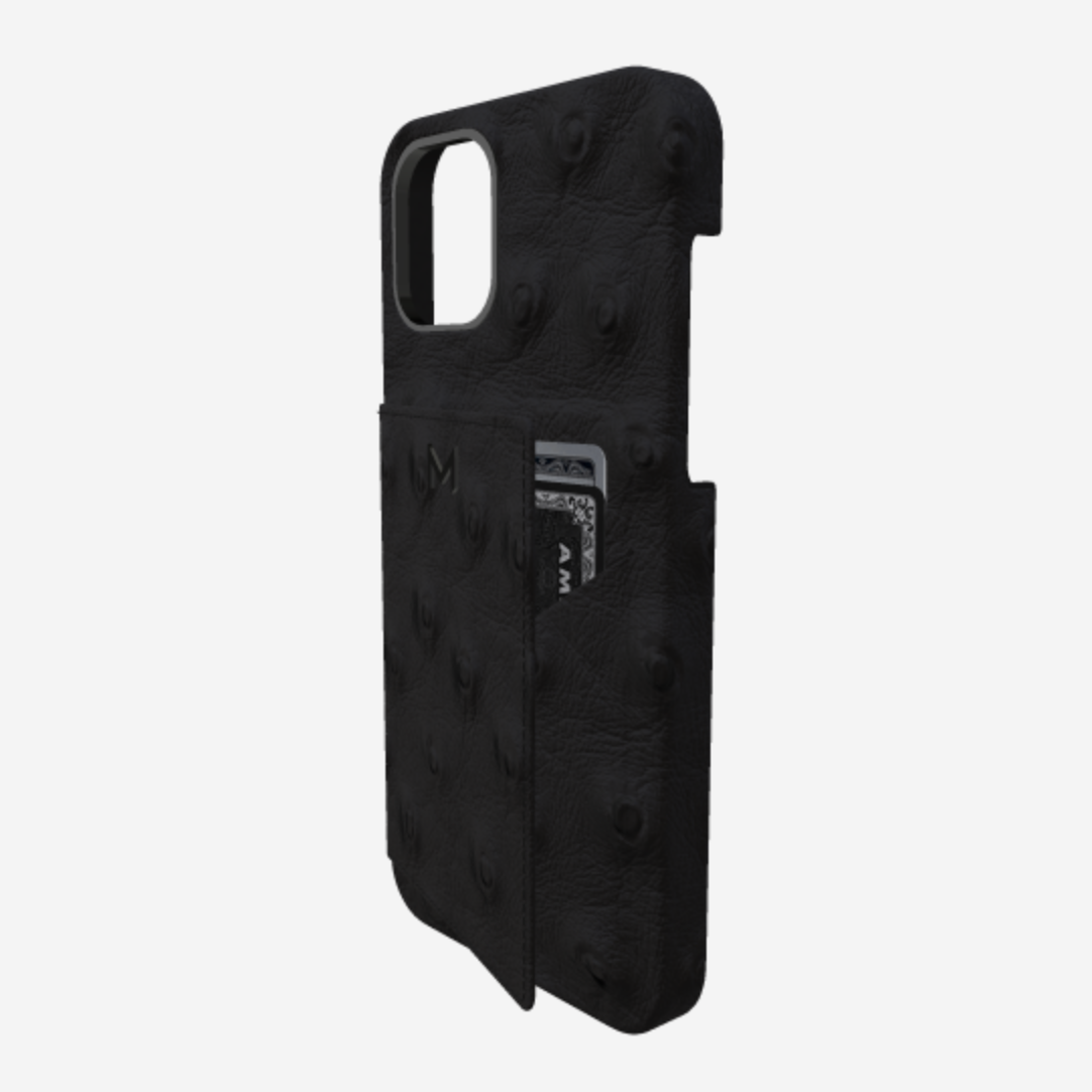 Cardholder Case for iPhone 13 Pro in Genuine Ostrich Bond Black Black Plating