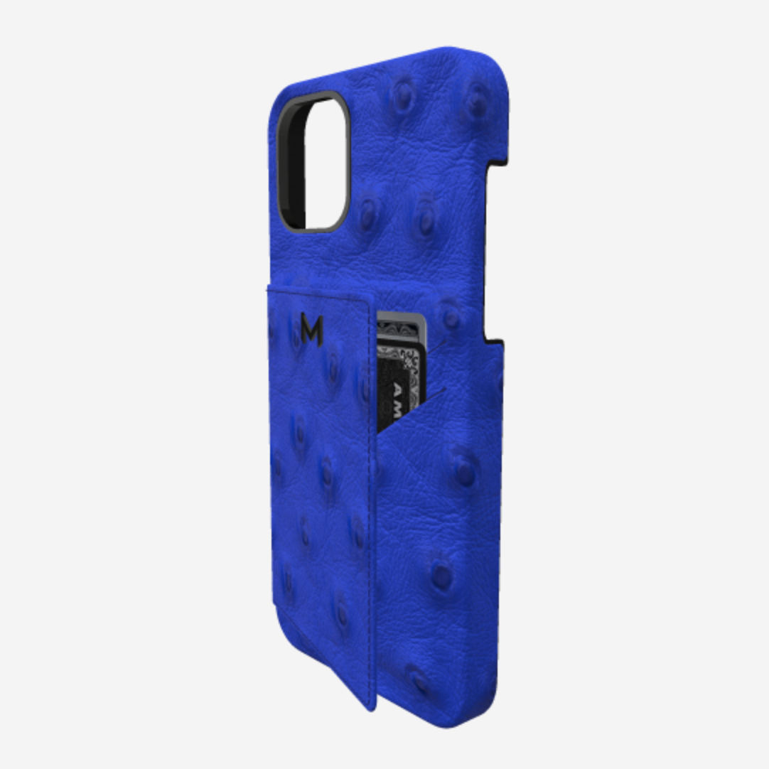 Cardholder Case for iPhone 13 Pro in Genuine Ostrich Electric Blue Steel 316