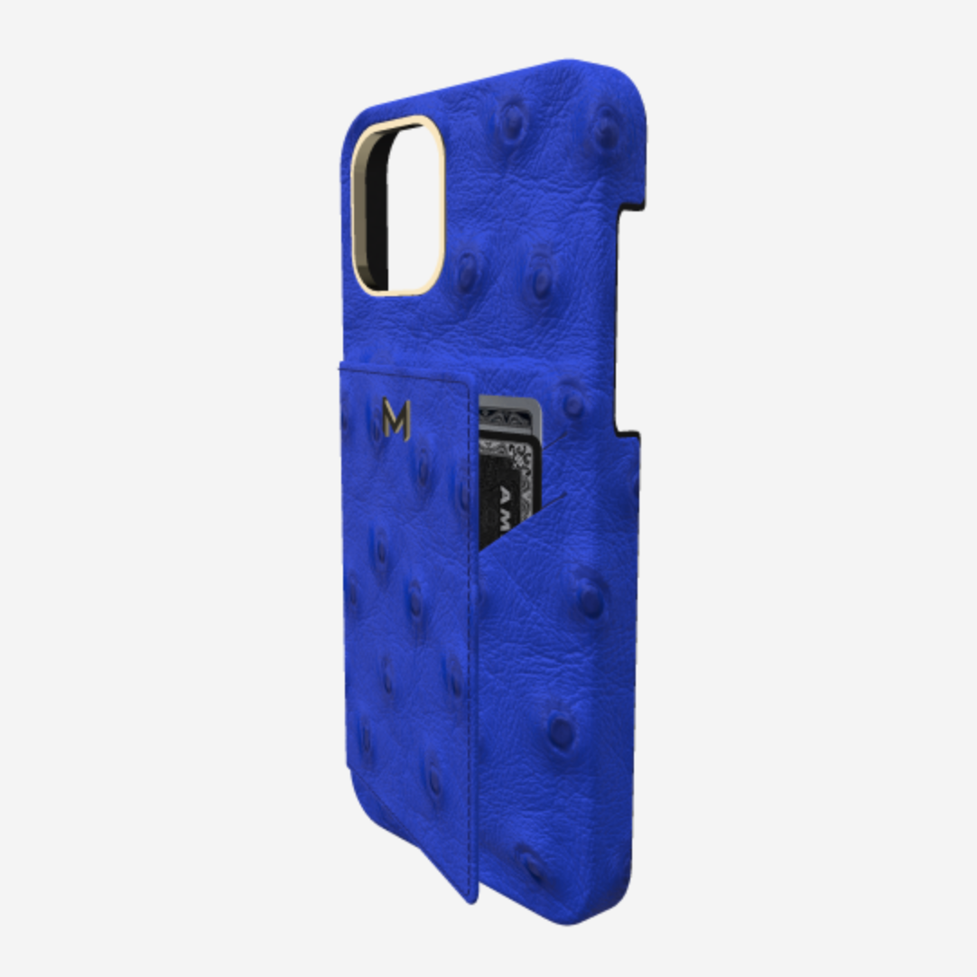 Cardholder Case for iPhone 13 Pro in Genuine Ostrich Navy Blue Black Plating