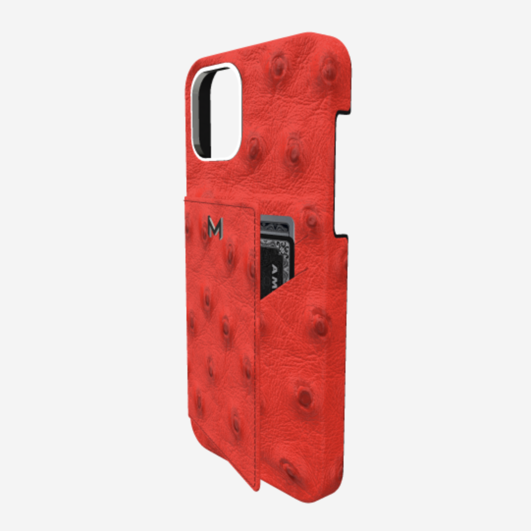 Cardholder Case for iPhone 13 Pro in Genuine Ostrich Glamour Red Steel 316