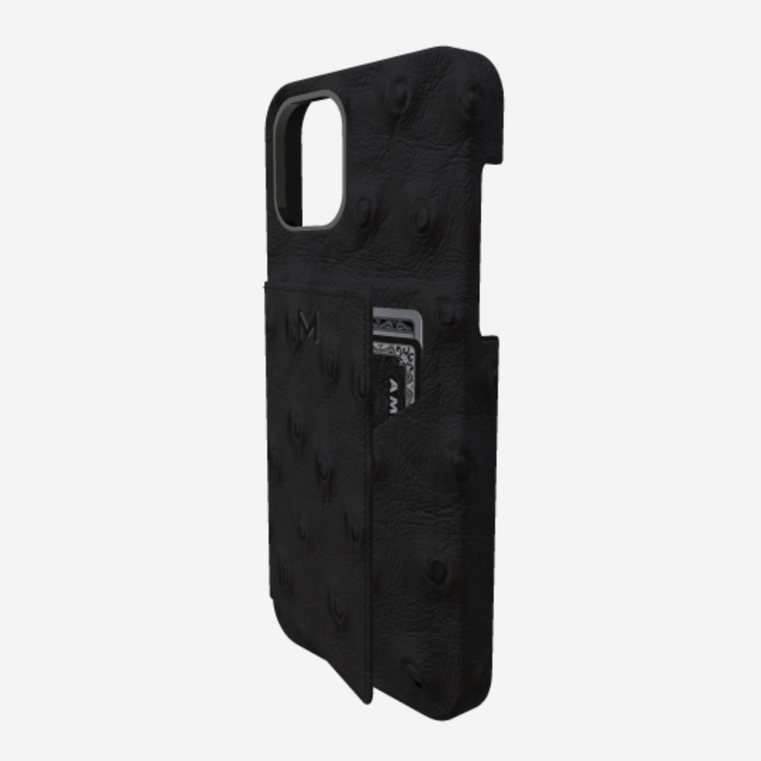 Cardholder Case for iPhone 13 Pro in Genuine Ostrich Bond Black Black Plating 