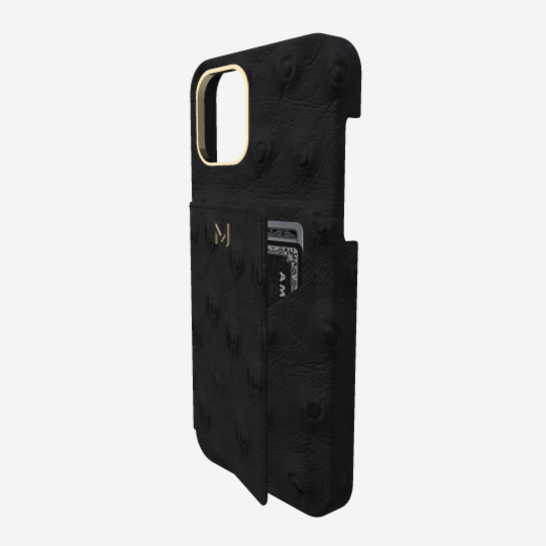 Cardholder Case for iPhone 13 Pro in Genuine Ostrich Bond Black Yellow Gold 