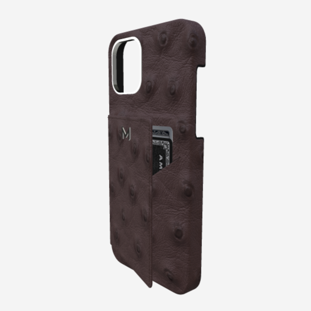 Cardholder Case for iPhone 13 Pro in Genuine Ostrich Borsalino Brown Steel 316 