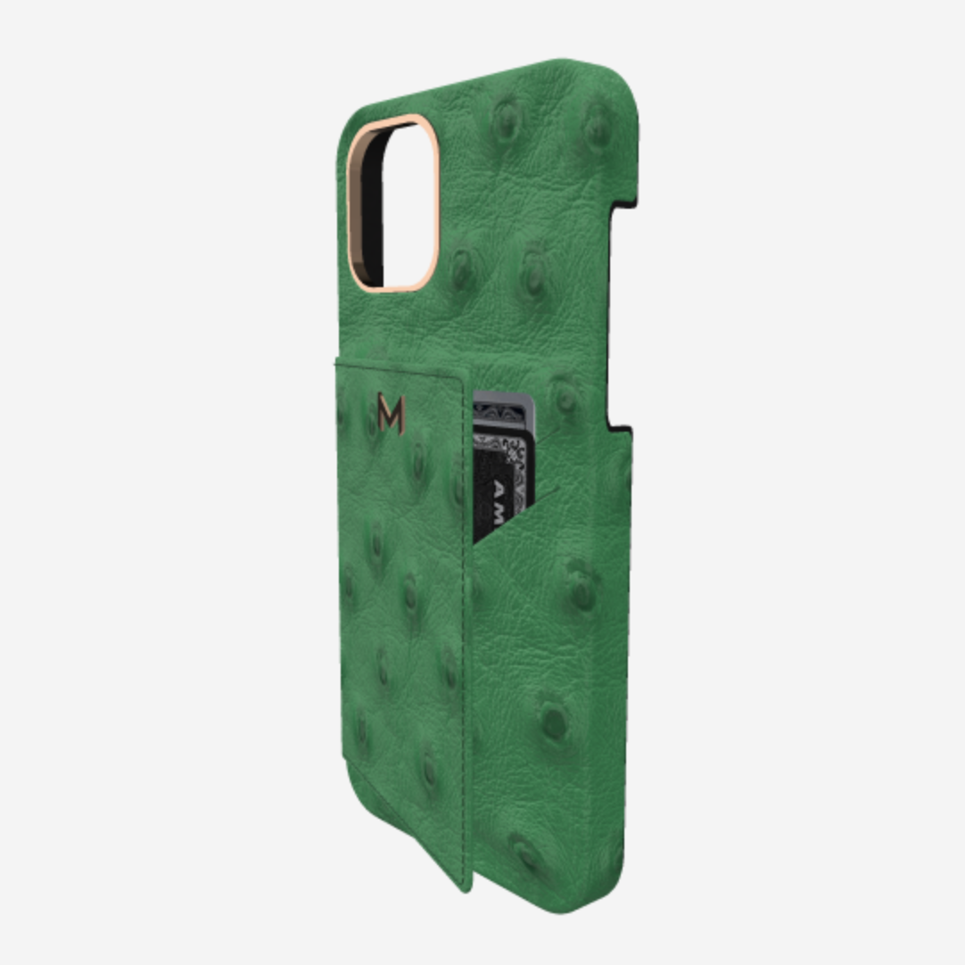 Cardholder Case for iPhone 13 Pro in Genuine Ostrich Emerald Green Rose Gold 