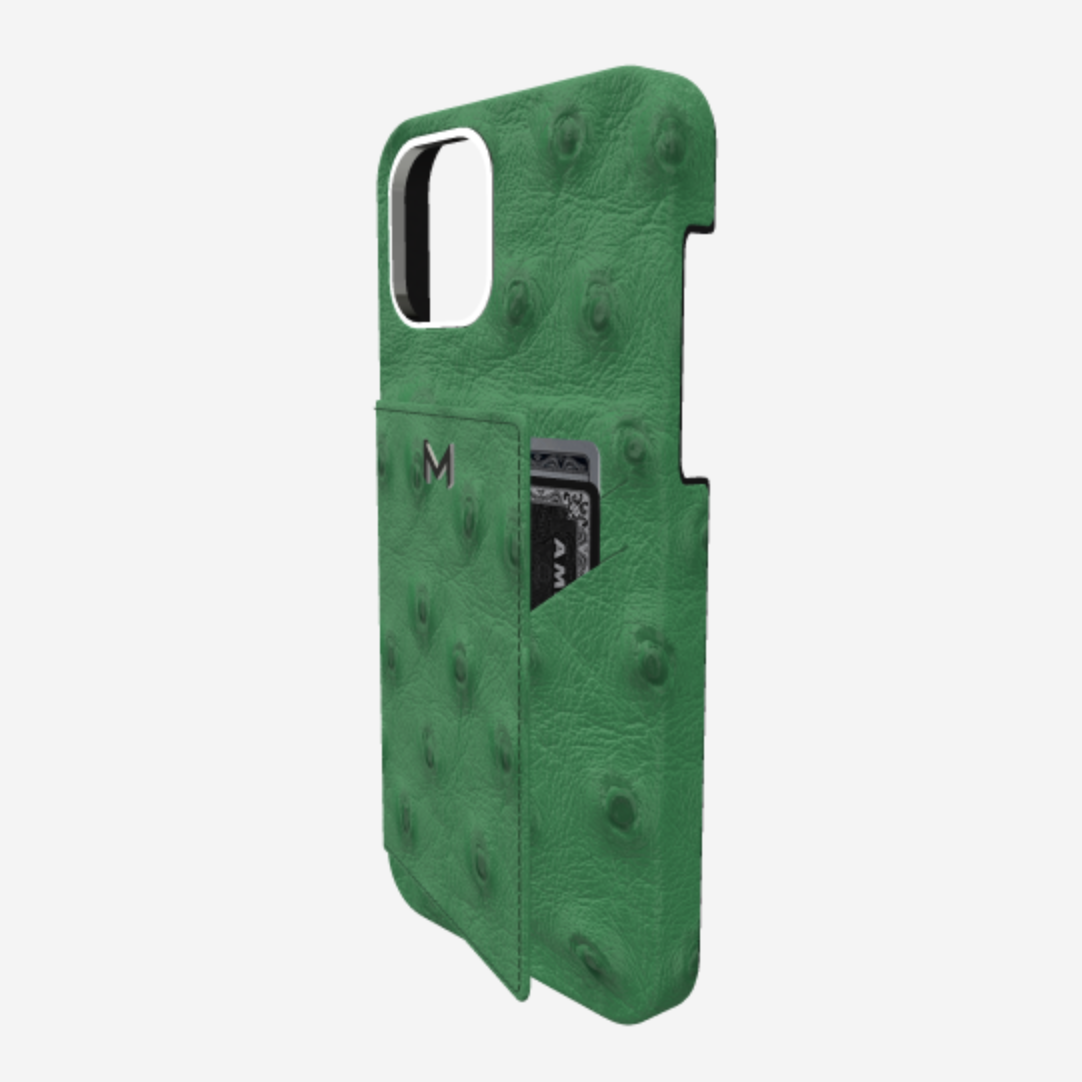 Cardholder Case for iPhone 13 Pro in Genuine Ostrich Emerald Green Steel 316 