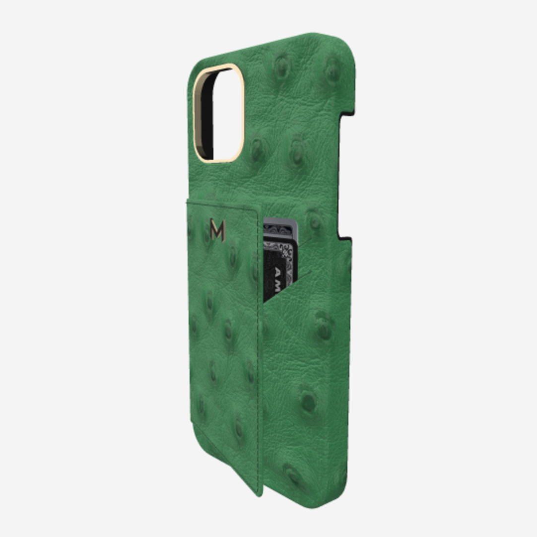 Cardholder Case for iPhone 13 Pro in Genuine Ostrich Emerald Green Yellow Gold 