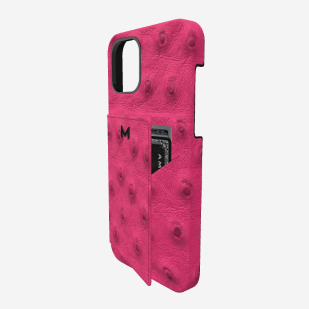 Cardholder Case for iPhone 13 Pro in Genuine Ostrich Fuchsia Party Black Plating 