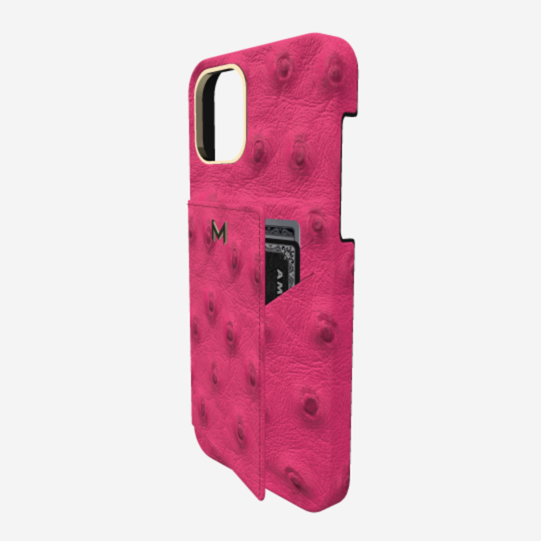 Cardholder Case for iPhone 13 Pro in Genuine Ostrich Fuchsia Party Yellow Gold 