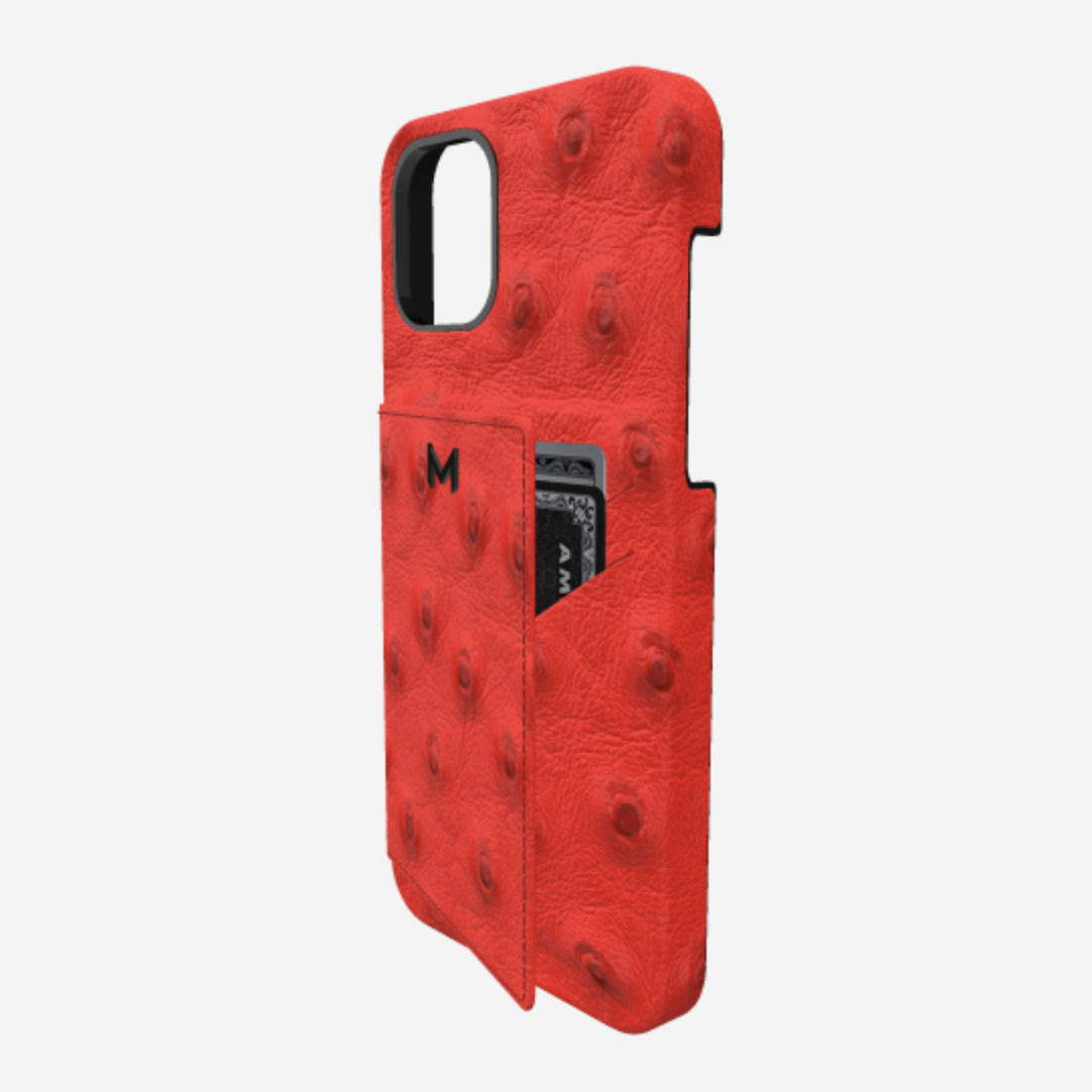 Cardholder Case for iPhone 13 Pro in Genuine Ostrich Glamour Red Black Plating 