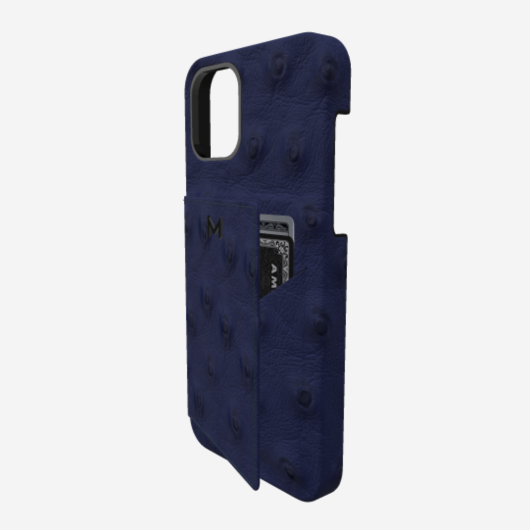 Cardholder Case for iPhone 13 Pro in Genuine Ostrich Navy Blue Black Plating 