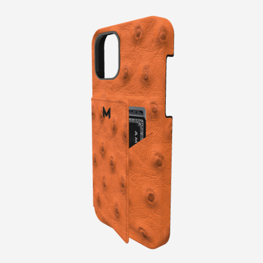 Cardholder Case for iPhone 13 Pro in Genuine Ostrich Orange Cocktail Black Plating 