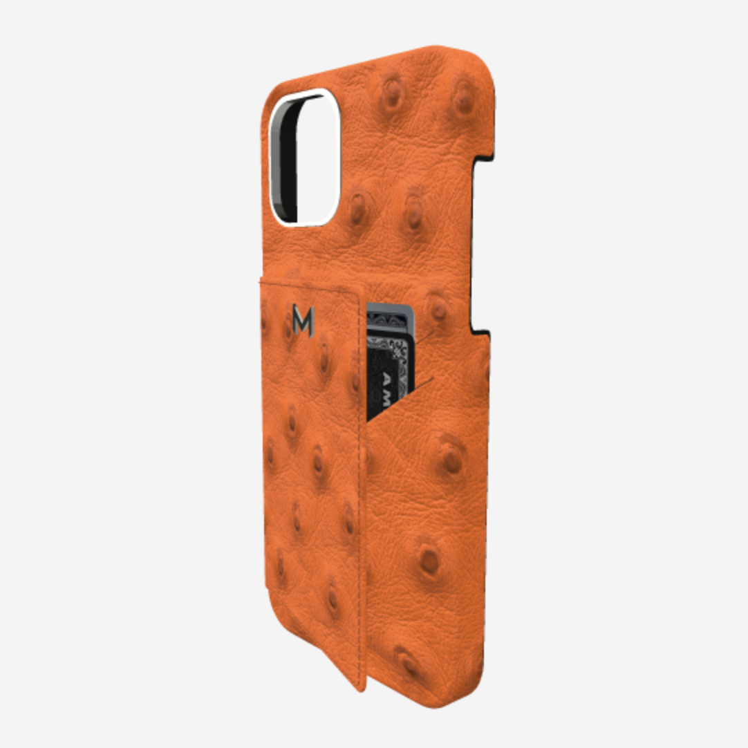 Cardholder Case for iPhone 13 Pro in Genuine Ostrich Orange Cocktail Steel 316 