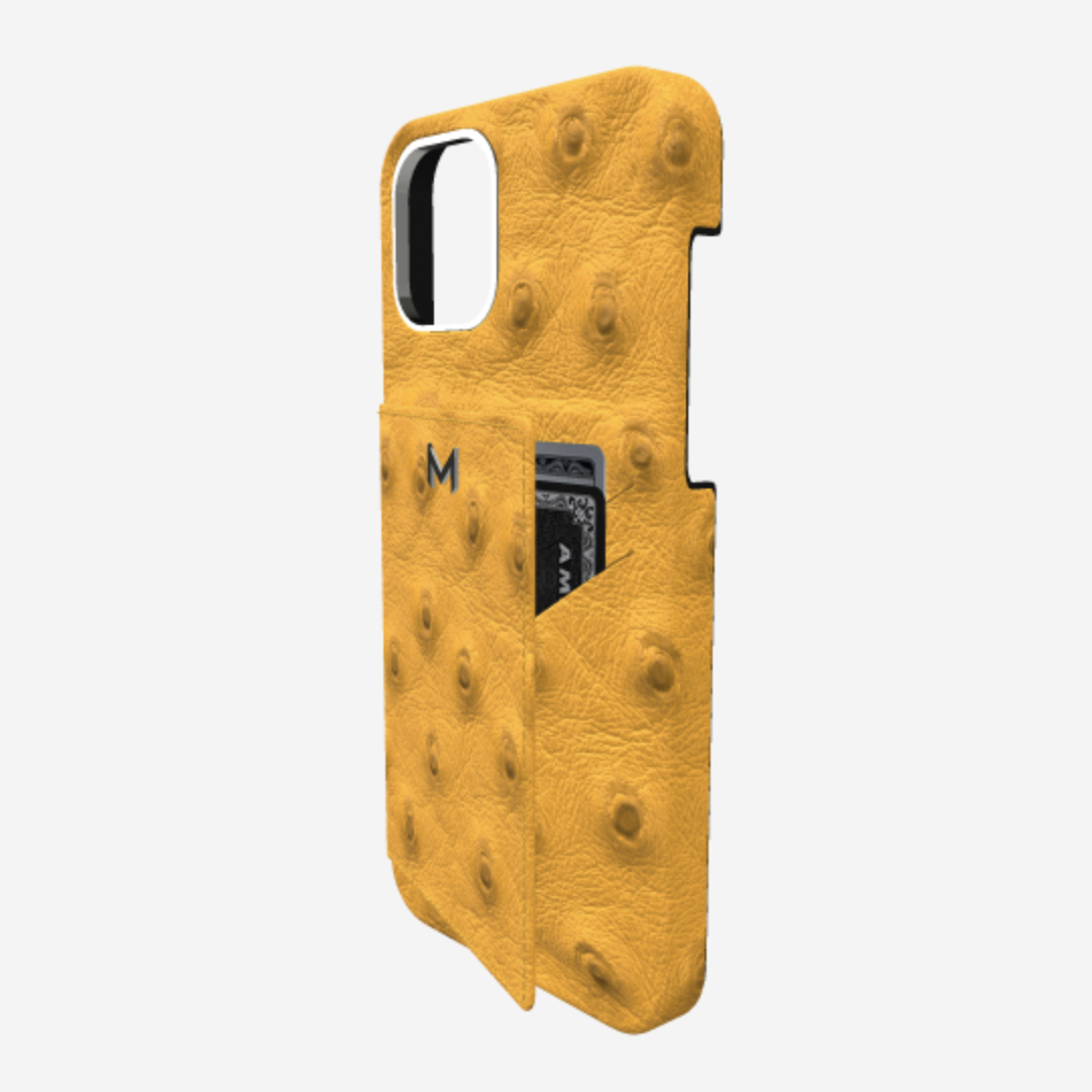 Cardholder Case for iPhone 13 Pro in Genuine Ostrich Sunny Yellow Steel 316 