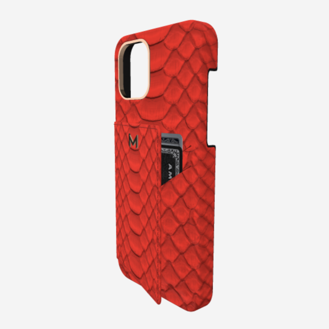 Cardholder Case for iPhone 13 Pro in Genuine Python Glamour Red Rose Gold 