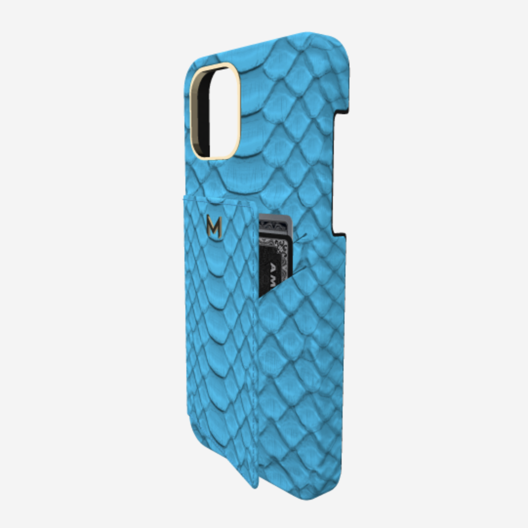 Cardholder Case for iPhone 13 Pro in Genuine Python Tropical Blue Yellow Gold 