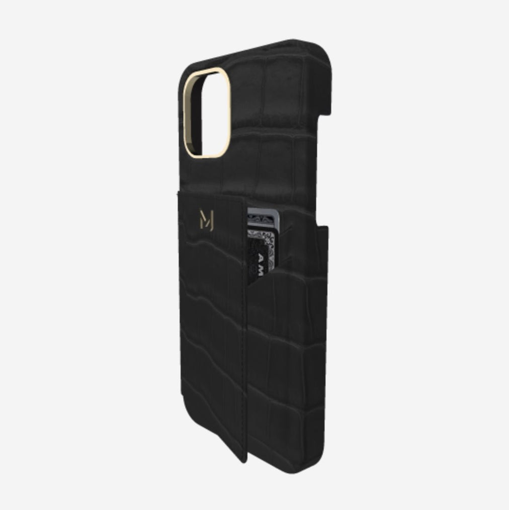 Cardholder Case for iPhone 13 Pro Max in Genuine Alligator Bond Black Yellow Gold 