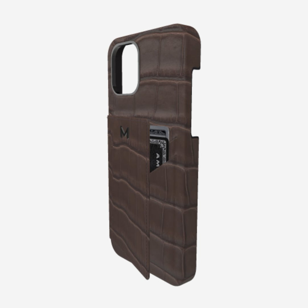 Cardholder Case for iPhone 13 Pro Max in Genuine Alligator Borsalino Brown Black Plating 