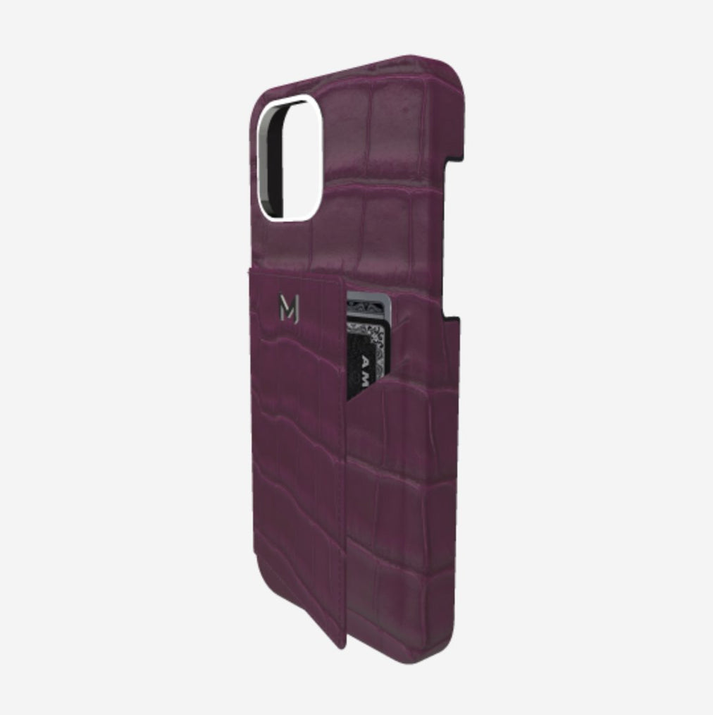 Cardholder Case for iPhone 13 Pro Max in Genuine Alligator Boysenberry Island Steel 316 