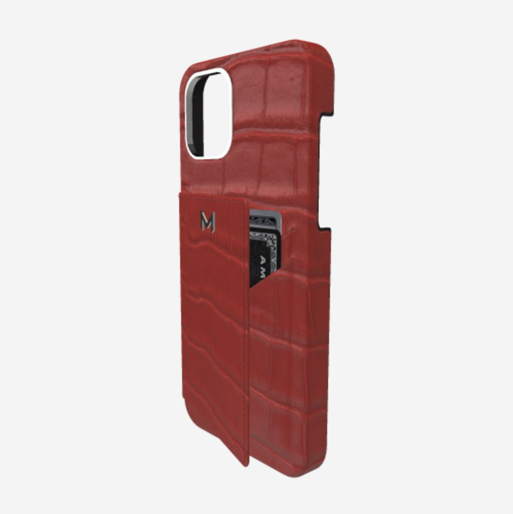 Cardholder Case for iPhone 13 Pro Max in Genuine Alligator Coral Red Steel 316 