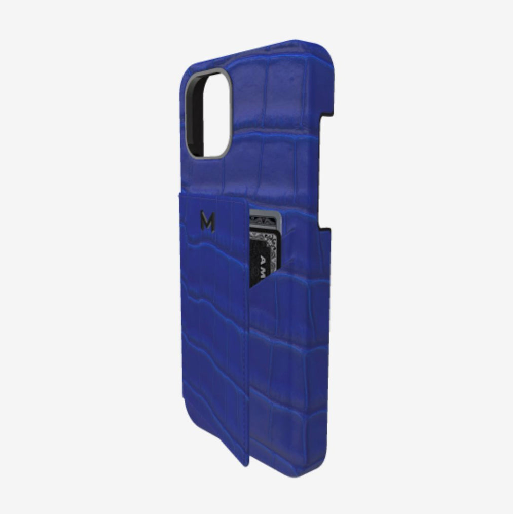 Cardholder Case for iPhone 13 Pro Max in Genuine Alligator Electric Blue Black Plating 