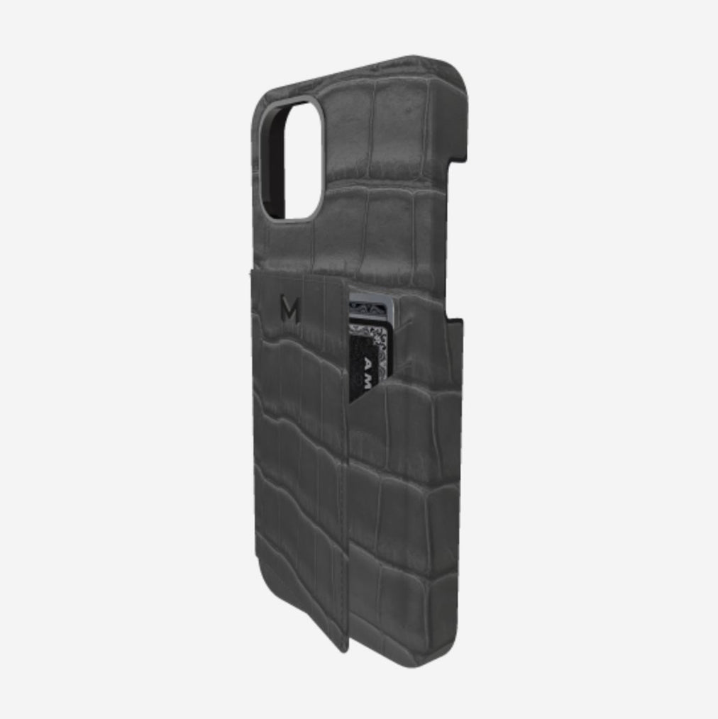 Cardholder Case for iPhone 13 Pro Max in Genuine Alligator Elite Grey Black Plating 