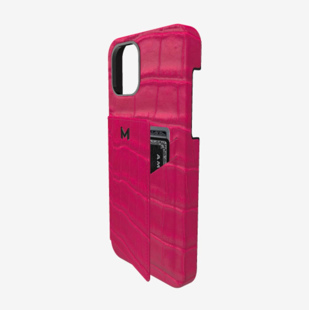 Cardholder Case for iPhone 13 Pro Max in Genuine Alligator Fuchsia Party Black Plating 