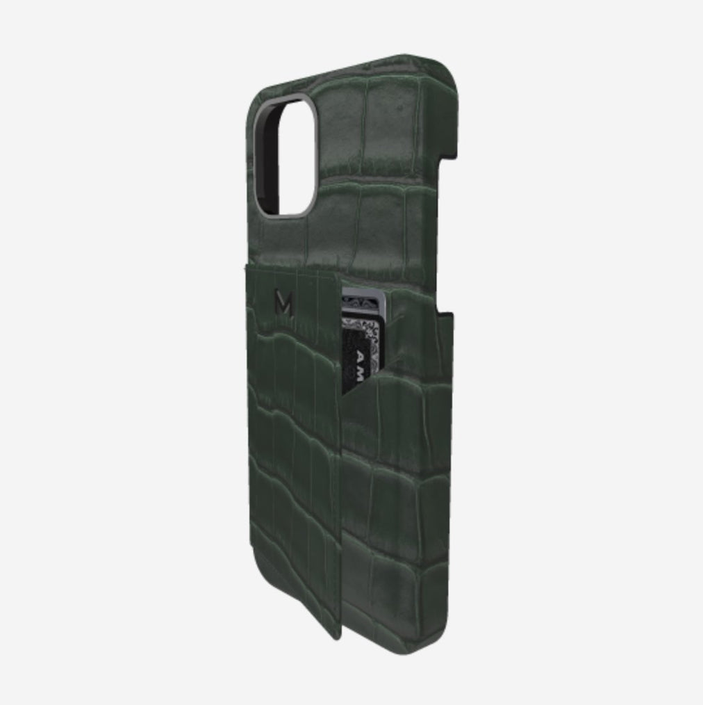 Cardholder Case for iPhone 13 Pro Max in Genuine Alligator Jungle Green Black Plating 