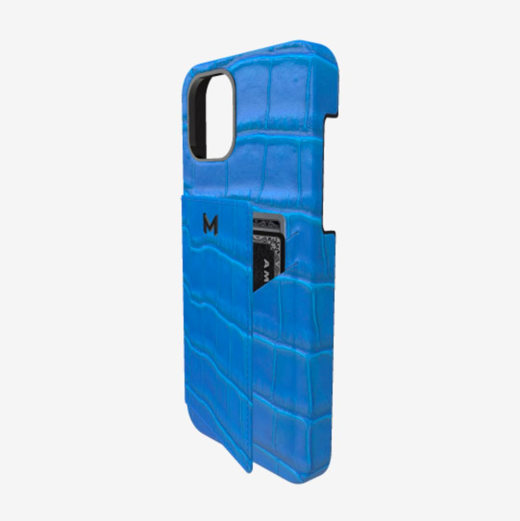 Cardholder Case for iPhone 13 Pro Max in Genuine Alligator Royal Blue Black Plating 