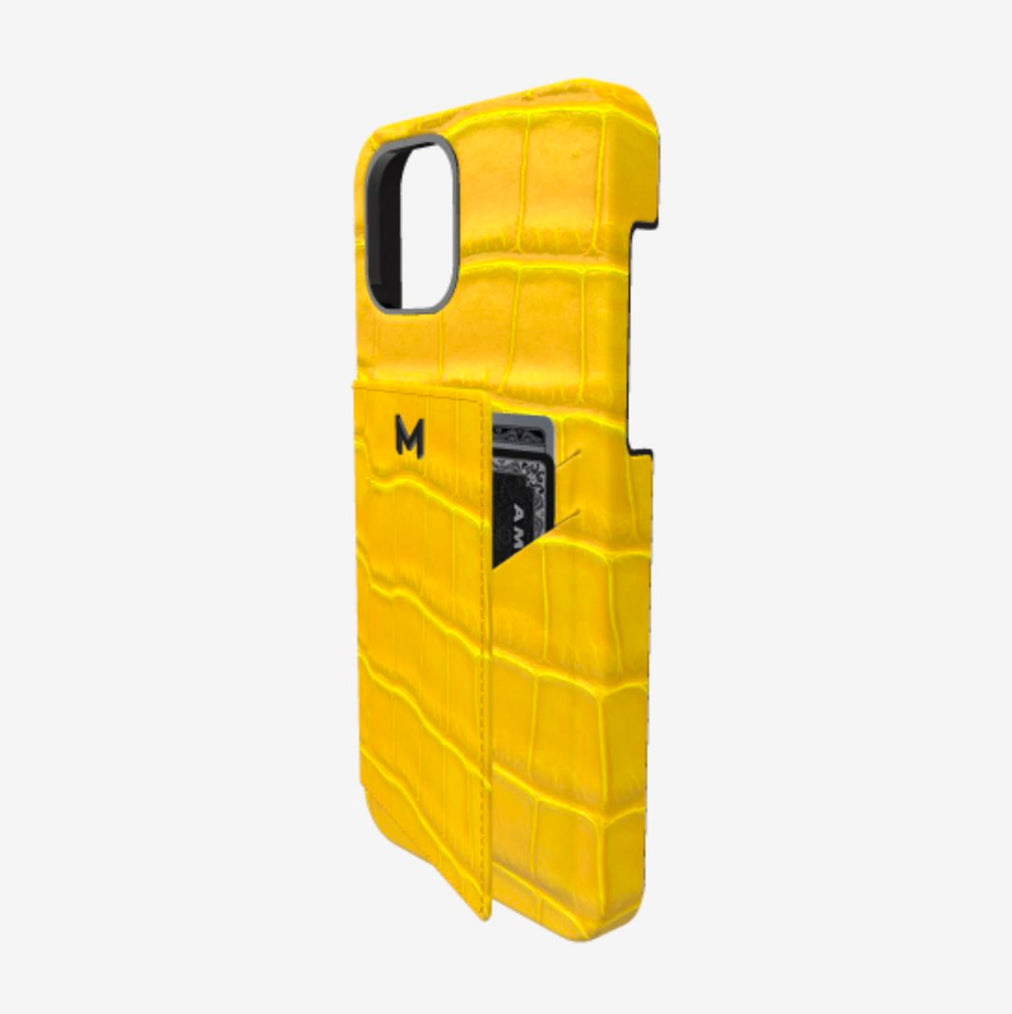 Cardholder Case for iPhone 13 Pro Max in Genuine Alligator Summer Yellow Black Plating 