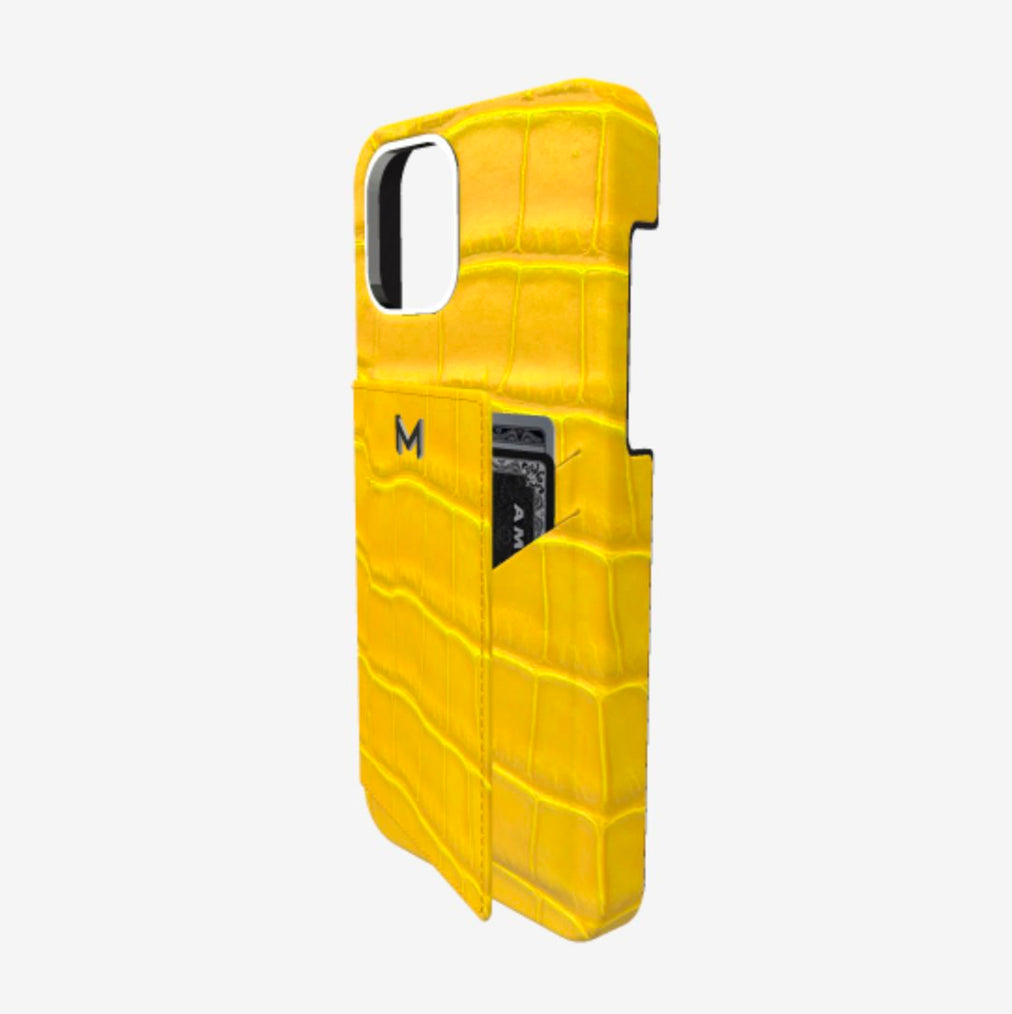 Cardholder Case for iPhone 13 Pro Max in Genuine Alligator Summer Yellow Steel 316 