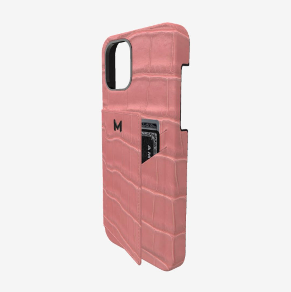 Cardholder Case for iPhone 13 Pro Max in Genuine Alligator Sweet Rose Black Plating 