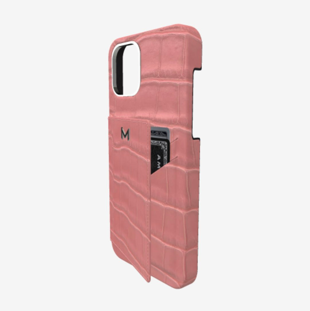 Cardholder Case for iPhone 13 Pro Max in Genuine Alligator Sweet Rose Steel 316 