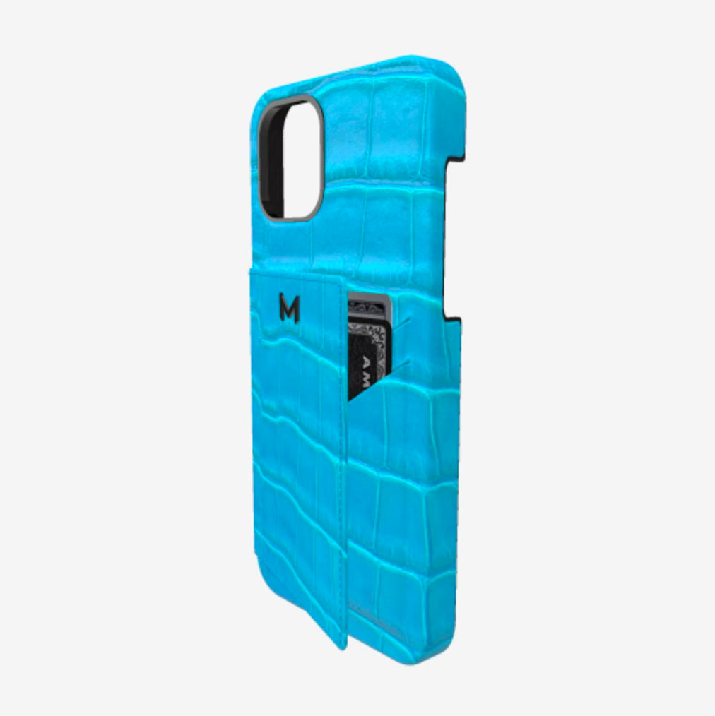 Cardholder Case for iPhone 13 Pro Max in Genuine Alligator Tropical Blue Black Plating 