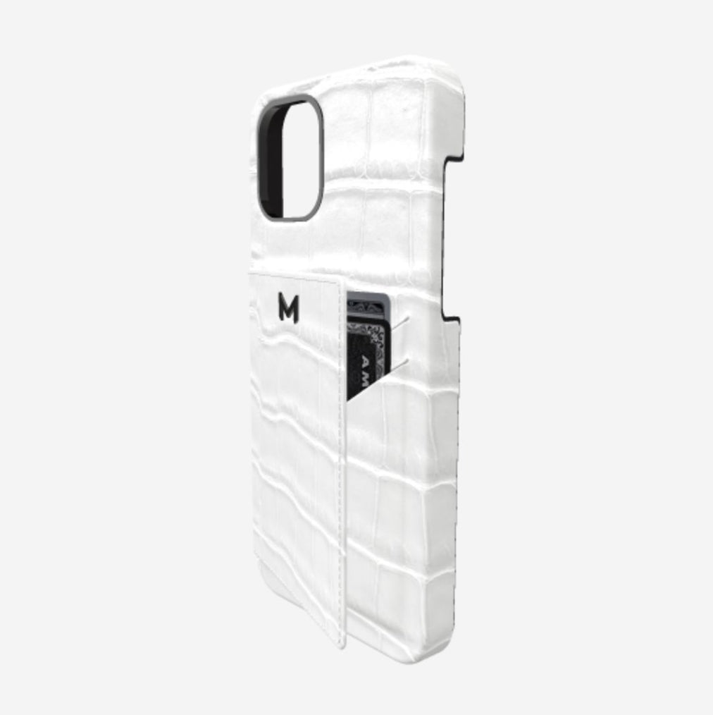 Cardholder Case for iPhone 13 Pro Max in Genuine Alligator White Angel Black Plating 