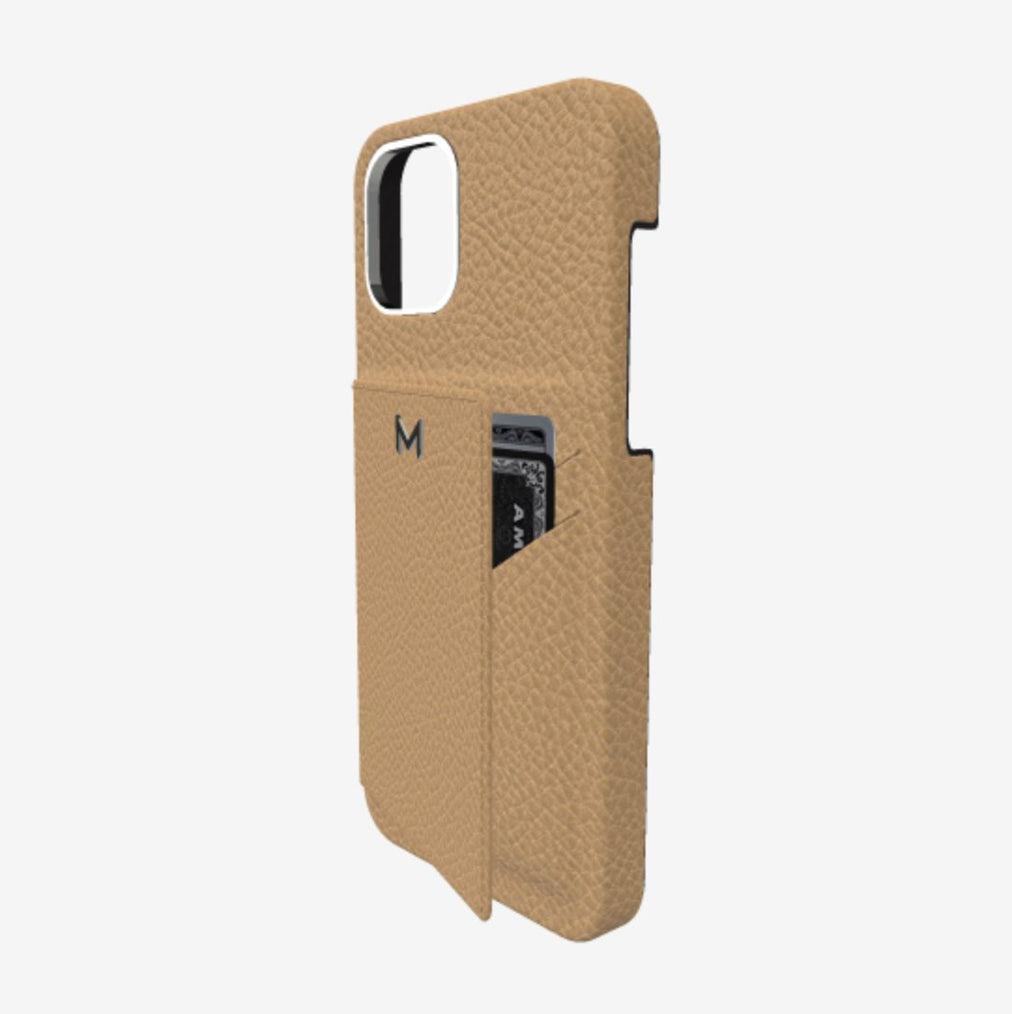 Cardholder Case for iPhone 13 Pro Max in Genuine Calfskin Beige Desert Steel 316 
