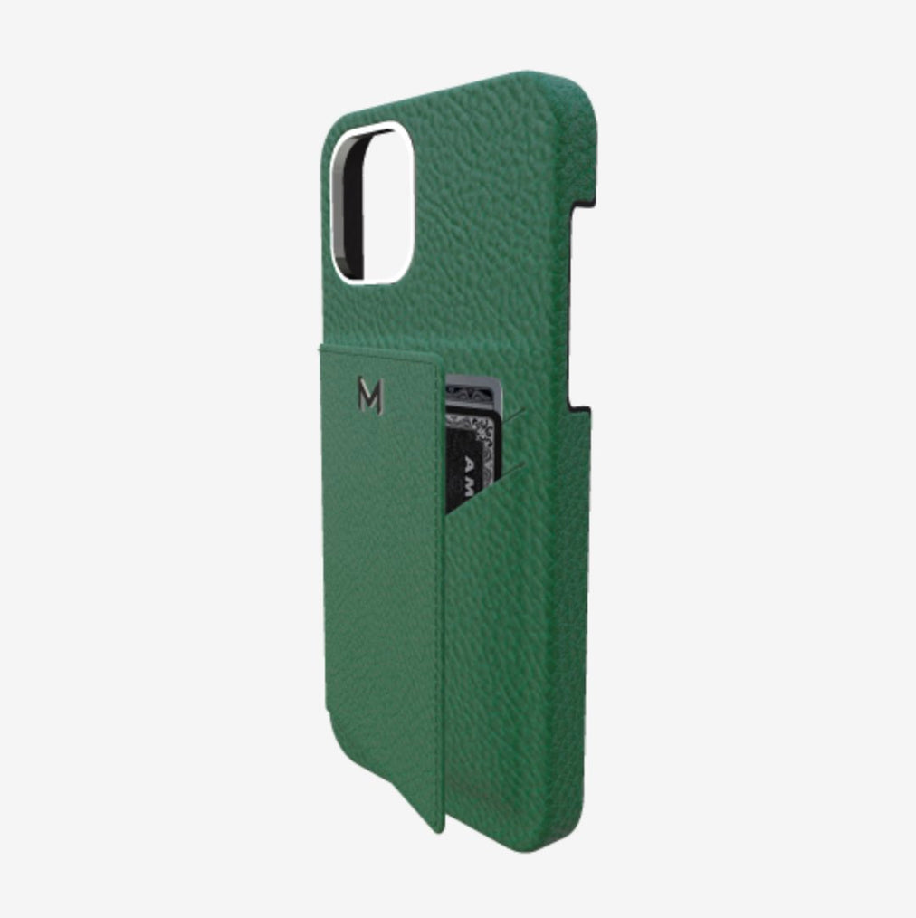 Cardholder Case for iPhone 13 Pro Max in Genuine Calfskin Emerald Green Steel 316 