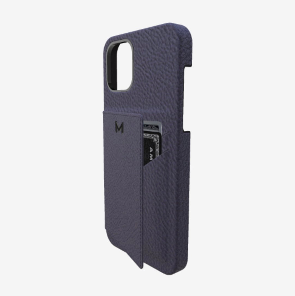 Cardholder Case for iPhone 13 Pro Max in Genuine Calfskin Navy Blue Black Plating 