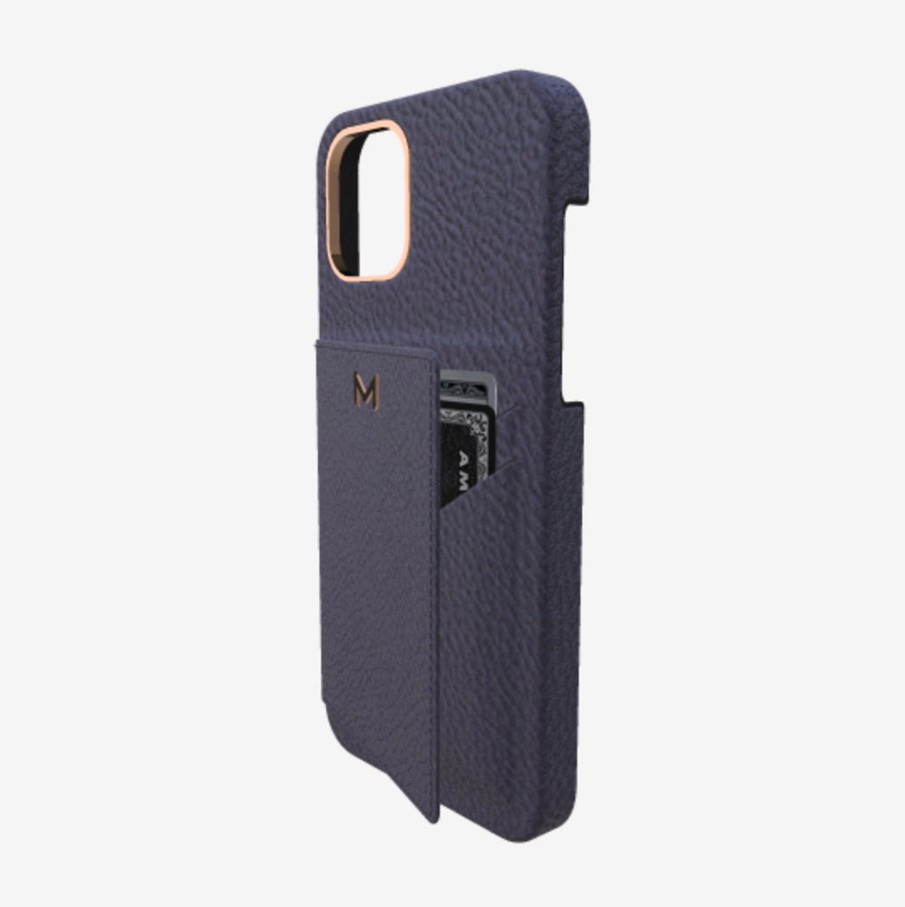 Cardholder Case for iPhone 13 Pro Max in Genuine Calfskin Navy Blue Rose Gold 