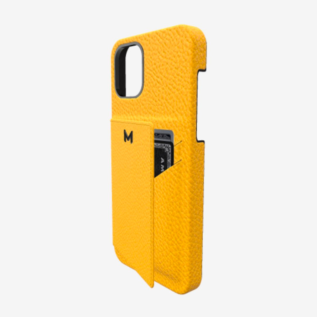 Cardholder Case for iPhone 13 Pro Max in Genuine Calfskin Sunny Yellow Black Plating 