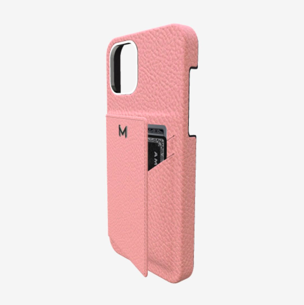 Cardholder Case for iPhone 13 Pro Max in Genuine Calfskin Sweet Rose Steel 316 