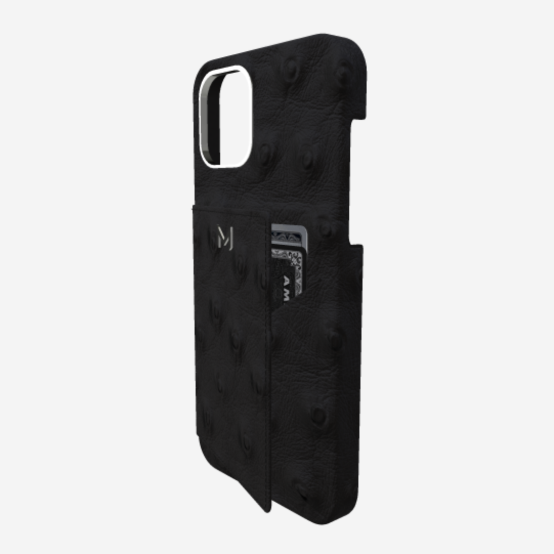 Cardholder Case for iPhone 13 Pro Max in Genuine Ostrich Bond Black Steel 316 