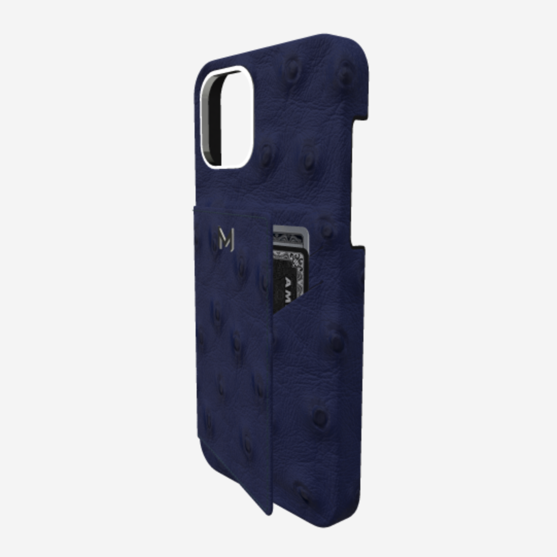 Cardholder Case for iPhone 13 Pro Max in Genuine Ostrich Navy Blue Steel 316 
