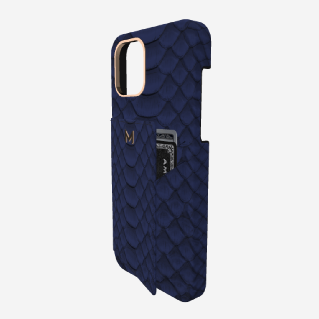 Cardholder Case for iPhone 13 Pro Max in Genuine Python Navy Blue Rose Gold 